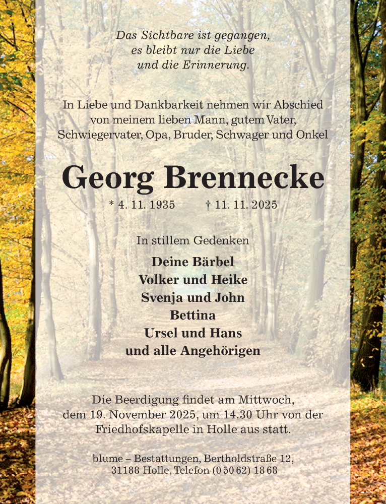  Traueranzeige für Georg Brennecke vom 15.11.2025 aus Hildesheimer Allgemeine Zeitung