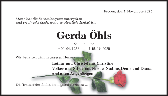 Traueranzeige von Gerda Öhls von Hildesheimer Allgemeine Zeitung