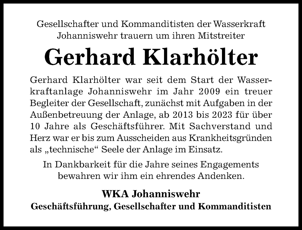  Traueranzeige für Gerhard Klarhölter vom 19.11.2025 aus Hildesheimer Allgemeine Zeitung