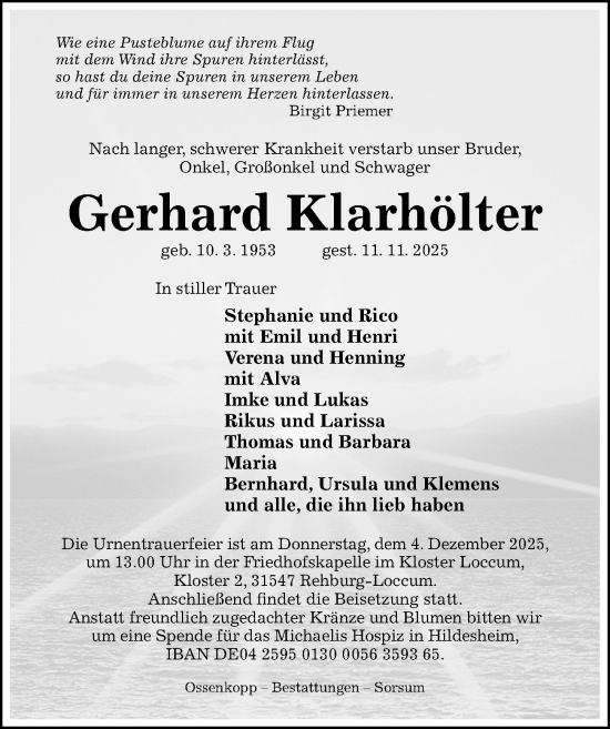 Traueranzeige von Gerhard Klarhölter von Hildesheimer Allgemeine Zeitung