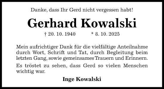 Traueranzeige von Gerhard Kowalski von Hildesheimer Allgemeine Zeitung