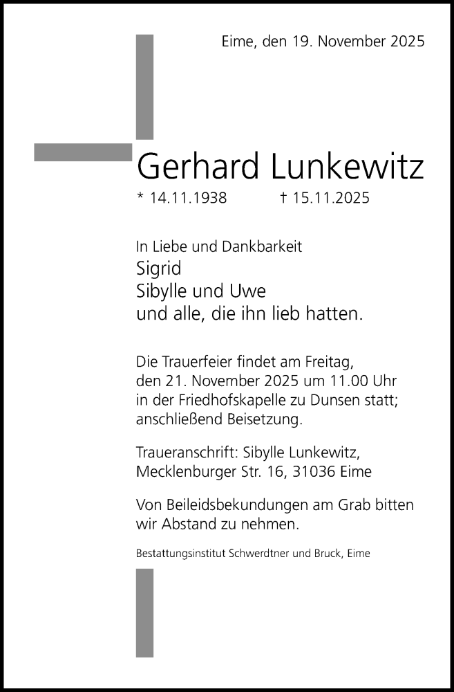  Traueranzeige für Gerhard Lunkewitz vom 19.11.2025 aus Hildesheimer Allgemeine Zeitung