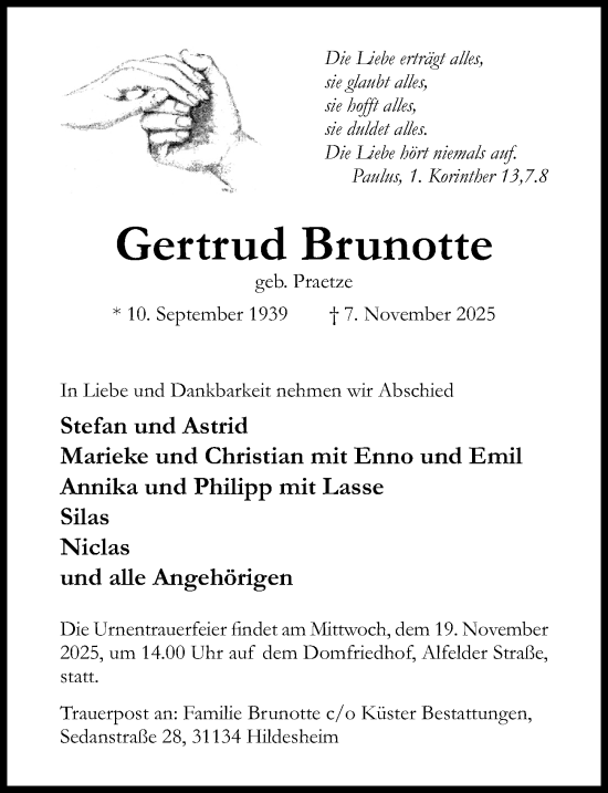 Traueranzeige von Gertrud Brunotte von Hildesheimer Allgemeine Zeitung