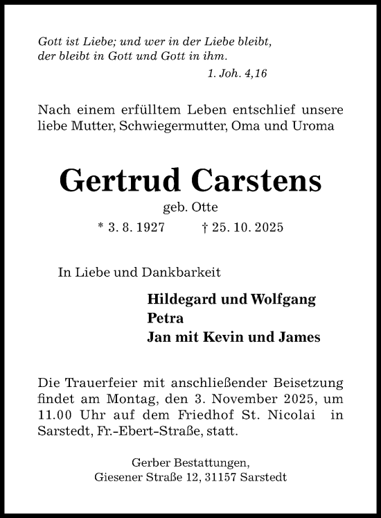 Traueranzeige von Gertrud Carstens von Hildesheimer Allgemeine Zeitung