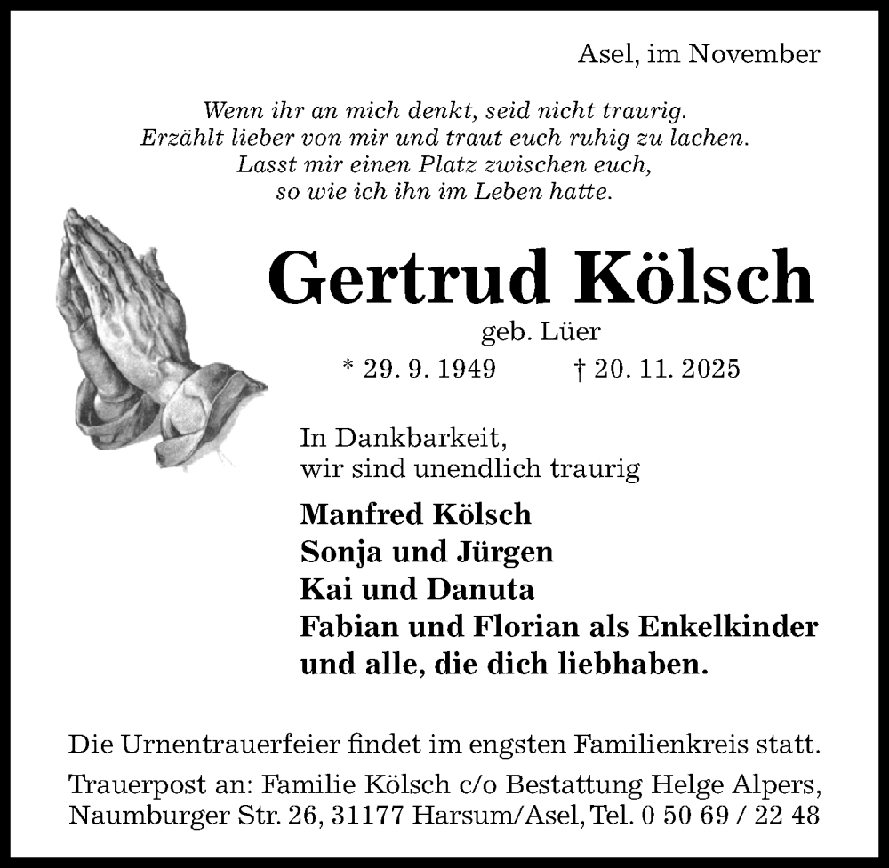  Traueranzeige für Gertrud Kölsch vom 26.11.2025 aus Hildesheimer Allgemeine Zeitung