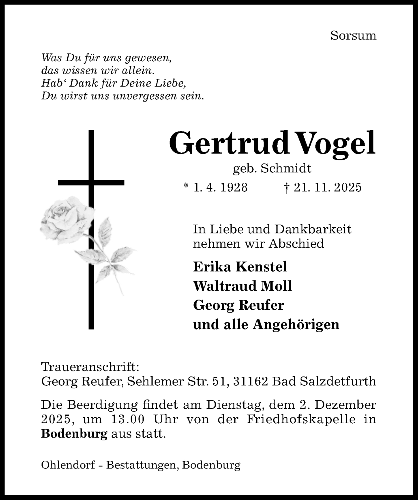  Traueranzeige für Gertrud Vogel vom 26.11.2025 aus Hildesheimer Allgemeine Zeitung