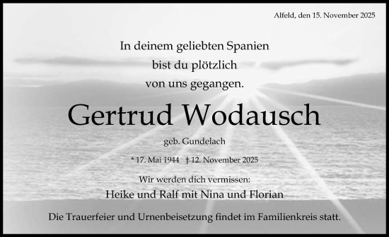 Traueranzeige von Gertrud Wodausch von Hildesheimer Allgemeine Zeitung