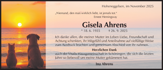 Traueranzeige von Gisela Ahrens von Hildesheimer Allgemeine Zeitung