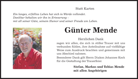 Traueranzeige von Günter Mende von Hildesheimer Allgemeine Zeitung