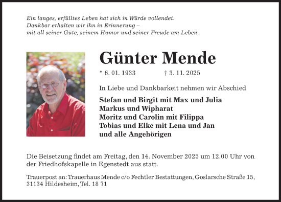 Traueranzeige von Günter Mende von Hildesheimer Allgemeine Zeitung