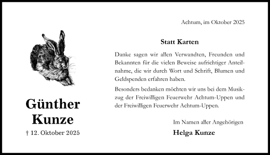 Traueranzeige von Günther Kunze von Hildesheimer Allgemeine Zeitung