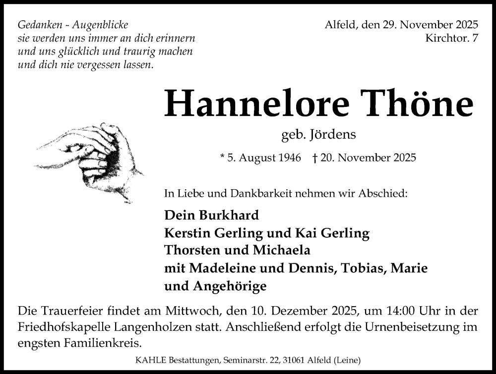  Traueranzeige für Hannelore Thöne vom 29.11.2025 aus Hildesheimer Allgemeine Zeitung