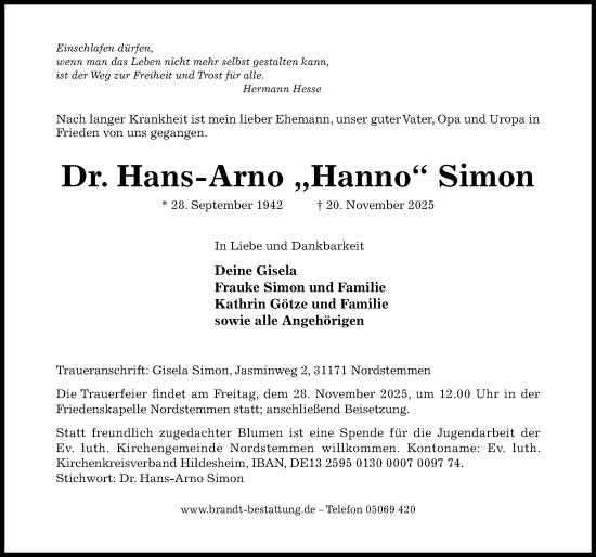 Traueranzeige von Hans-Arno Simon von Hildesheimer Allgemeine Zeitung