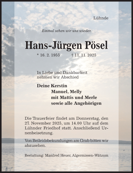 Traueranzeige von Hans-Jürgen Pösel von Hildesheimer Allgemeine Zeitung