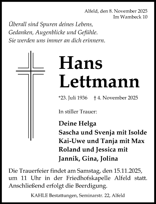 Traueranzeige von Hans Lettmann von Hildesheimer Allgemeine Zeitung