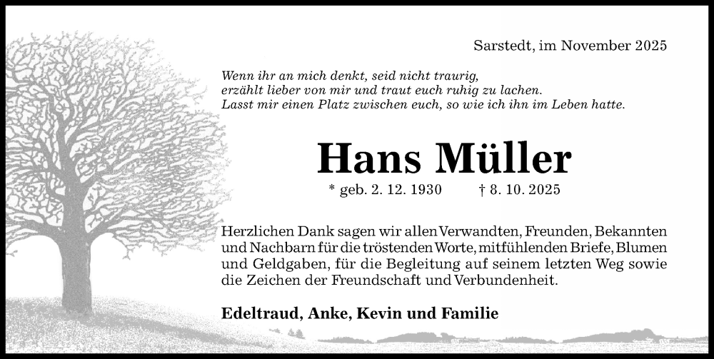  Traueranzeige für Hans Müller vom 19.11.2025 aus Hildesheimer Allgemeine Zeitung