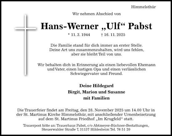 Traueranzeige von Hans-Werner Pabst von Hildesheimer Allgemeine Zeitung