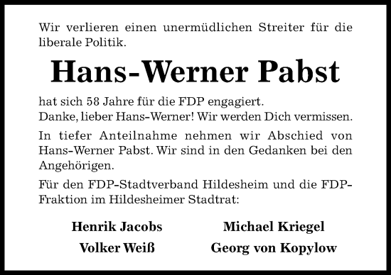 Traueranzeige von Hans-Werner Pabst von Hildesheimer Allgemeine Zeitung