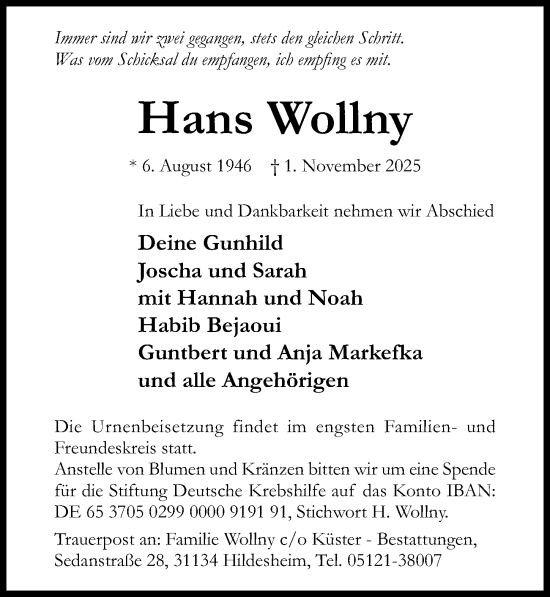 Traueranzeige von Hans Wollny von Hildesheimer Allgemeine Zeitung
