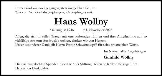 Traueranzeige von Hans Wollny von Hildesheimer Allgemeine Zeitung