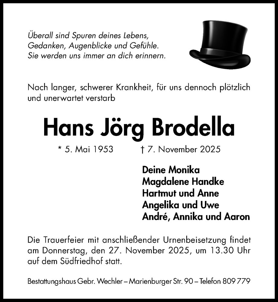  Traueranzeige für Hans Jörg Brodella vom 19.11.2025 aus Hildesheimer Allgemeine Zeitung