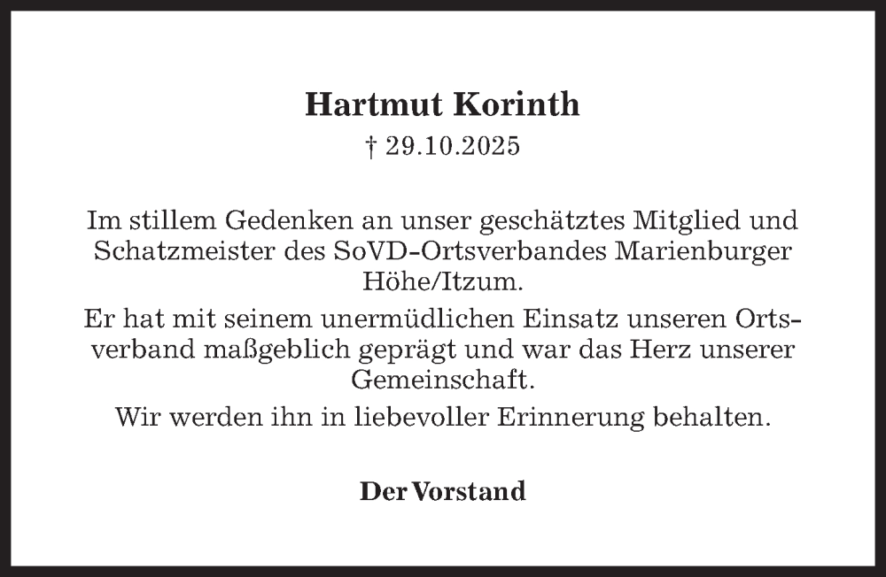  Traueranzeige für Hartmut Korinth vom 04.11.2025 aus Hildesheimer Allgemeine Zeitung