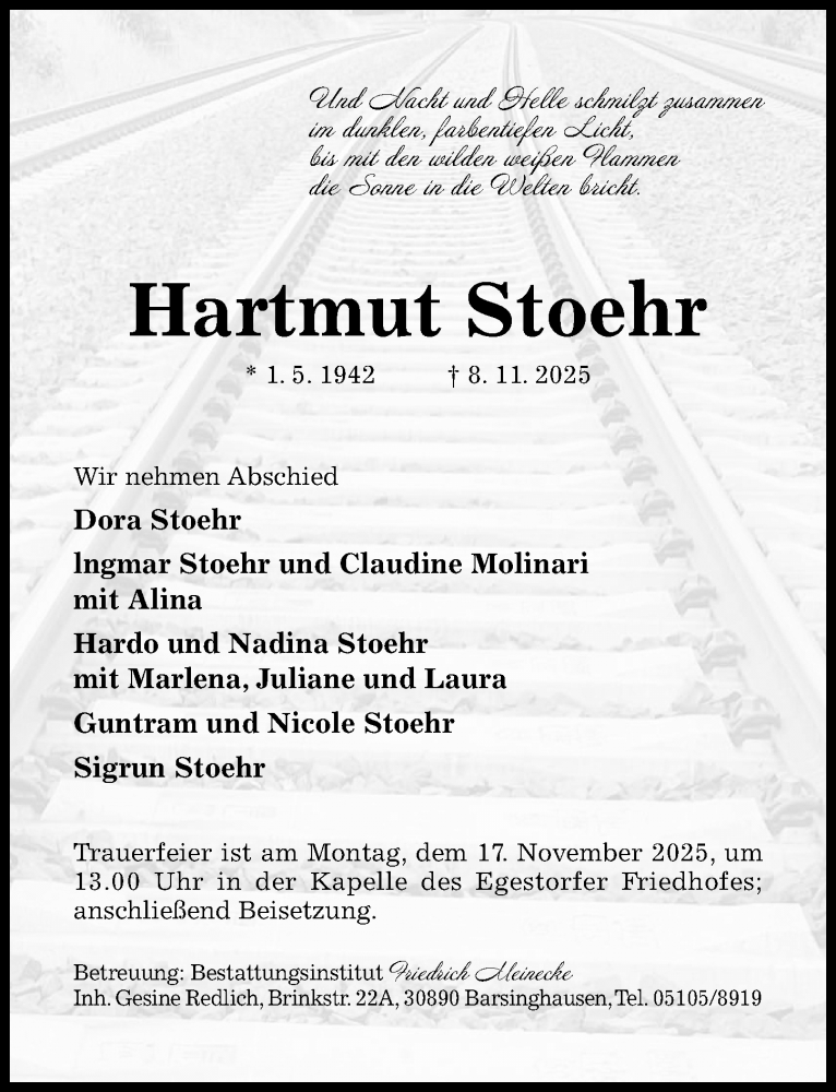  Traueranzeige für Hartmut Stoehr vom 15.11.2025 aus Hildesheimer Allgemeine Zeitung