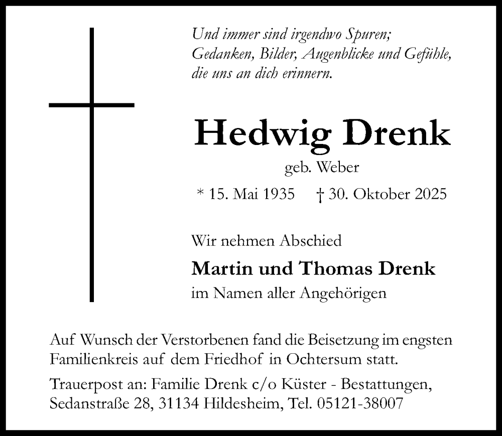  Traueranzeige für Hedwig Drenk vom 08.11.2025 aus Hildesheimer Allgemeine Zeitung
