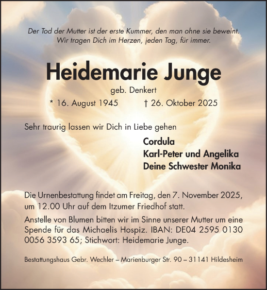 Traueranzeige von Heidemarie Junge von Hildesheimer Allgemeine Zeitung