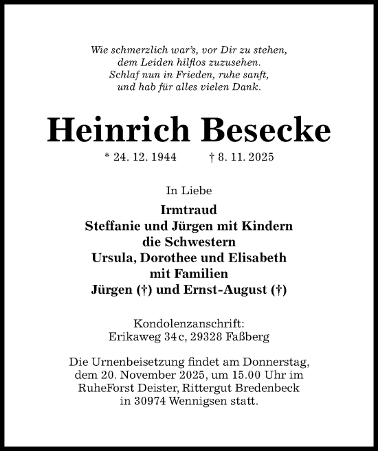 Traueranzeige von Heinrich Besecke von Hildesheimer Allgemeine Zeitung