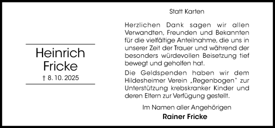 Traueranzeige von Heinrich Fricke von Hildesheimer Allgemeine Zeitung