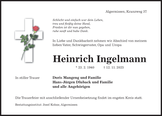 Traueranzeige von Heinrich Ingelmann von Hildesheimer Allgemeine Zeitung