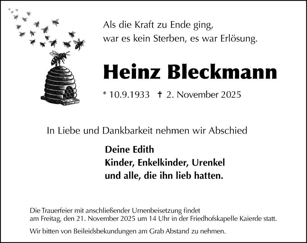  Traueranzeige für Heinz Bleckmann vom 15.11.2025 aus Hildesheimer Allgemeine Zeitung