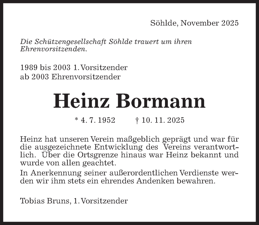  Traueranzeige für Heinz Bormann vom 28.11.2025 aus Hildesheimer Allgemeine Zeitung