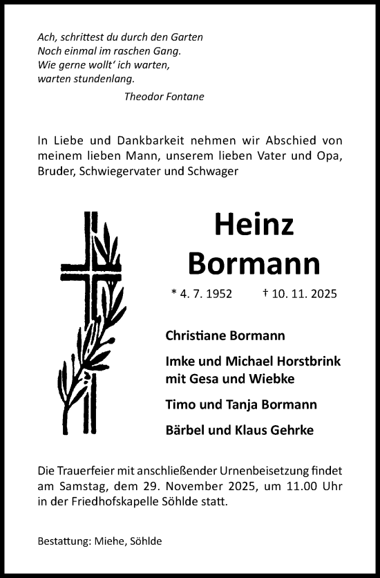 Traueranzeige von Heinz Bormann von Hildesheimer Allgemeine Zeitung