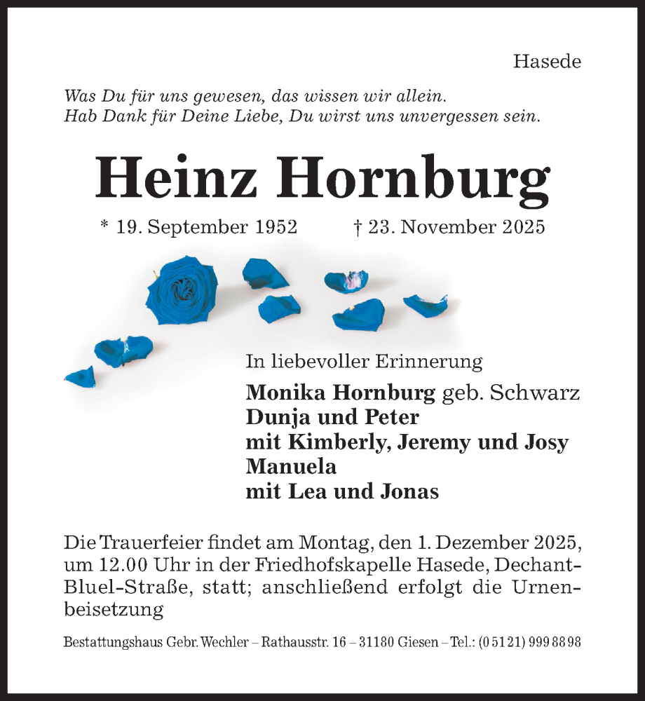  Traueranzeige für Heinz Hornburg vom 26.11.2025 aus Hildesheimer Allgemeine Zeitung