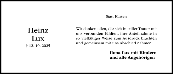 Traueranzeige von Heinz Lux von Hildesheimer Allgemeine Zeitung