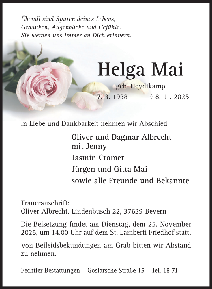  Traueranzeige für Helga Mai vom 19.11.2025 aus Hildesheimer Allgemeine Zeitung