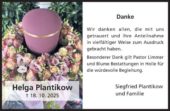 Traueranzeige von Helga Plantikow von Hildesheimer Allgemeine Zeitung