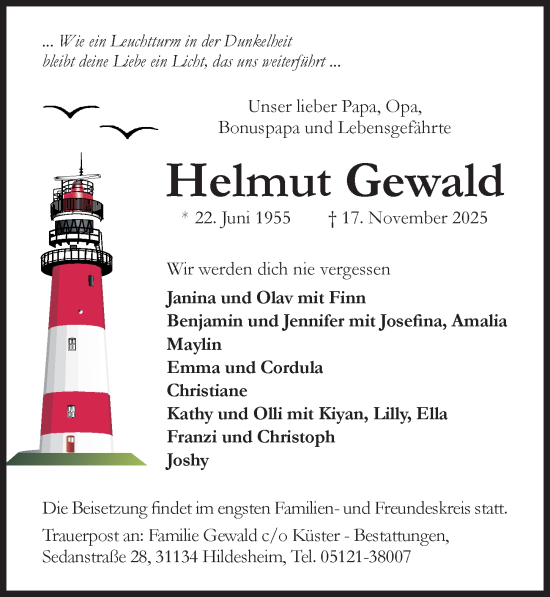 Traueranzeige von Helmut Gewald von Hildesheimer Allgemeine Zeitung