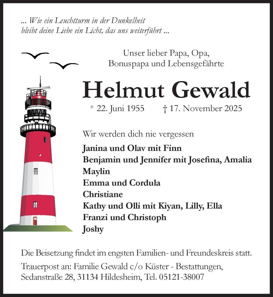  Traueranzeige für Helmut Gewald vom 26.11.2025 aus Hildesheimer Allgemeine Zeitung