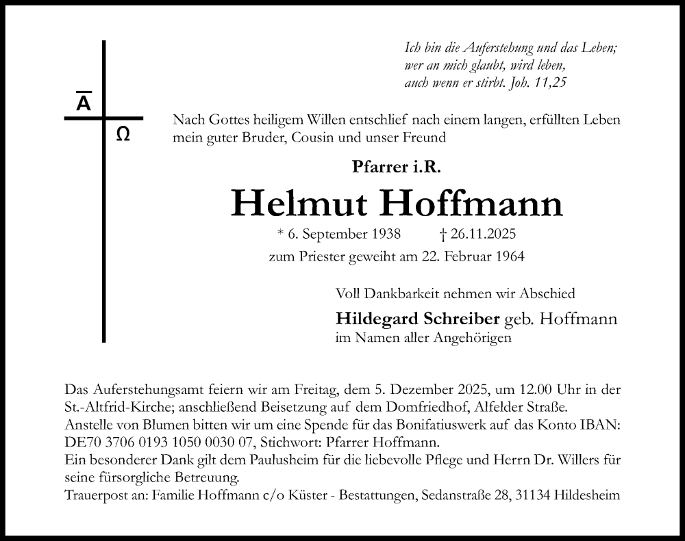  Traueranzeige für Helmut Hoffmann vom 29.11.2025 aus Hildesheimer Allgemeine Zeitung