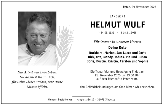 Traueranzeige von Helmut Wulf von Hildesheimer Allgemeine Zeitung