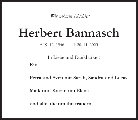 Traueranzeige von Herbert Bannasch von Hildesheimer Allgemeine Zeitung