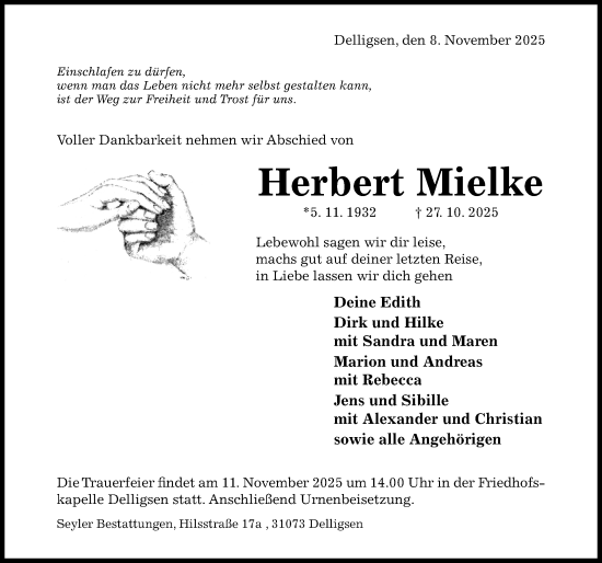 Traueranzeige von Herbert Mielke von Hildesheimer Allgemeine Zeitung