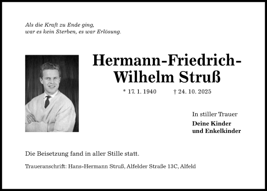 Traueranzeige von Hermann-Friedrich-Wilhelm Struß von Hildesheimer Allgemeine Zeitung