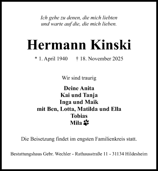 Traueranzeige von Hermann Kinski von Hildesheimer Allgemeine Zeitung