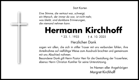 Traueranzeige von Hermann Kirchhoff von Hildesheimer Allgemeine Zeitung