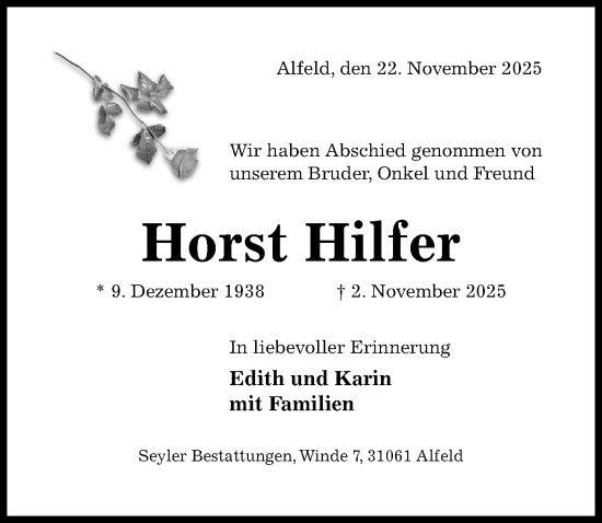 Traueranzeige von Horst Hilfer von Hildesheimer Allgemeine Zeitung