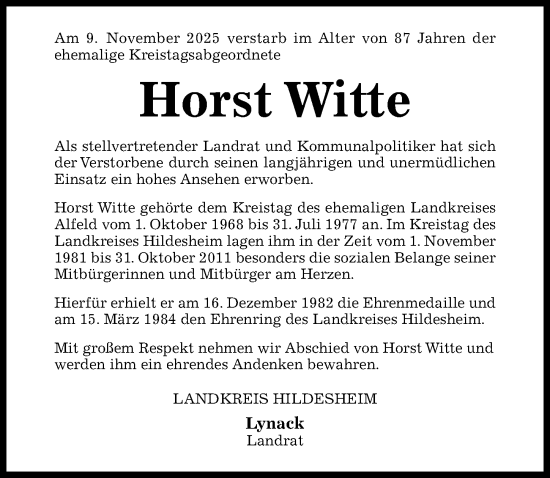 Traueranzeige von Horst Witte von Hildesheimer Allgemeine Zeitung